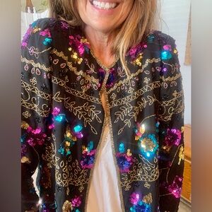 Vtg Draper & Damon’s Sequins Bedazzled Jacket Black Rainbow New Year’s Holiday M